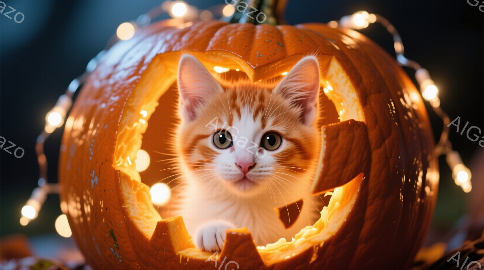オレンジ色の毛並みの小さな子猫が、くり抜かれたハロウィンのカボチャの中に顔を出しています。子猫は前足を伸ばし、好奇心と少しの戸惑いが入り混じった表情でこちらを見ています。カボチャの周りには、温かい光を - AI生成フリー素材