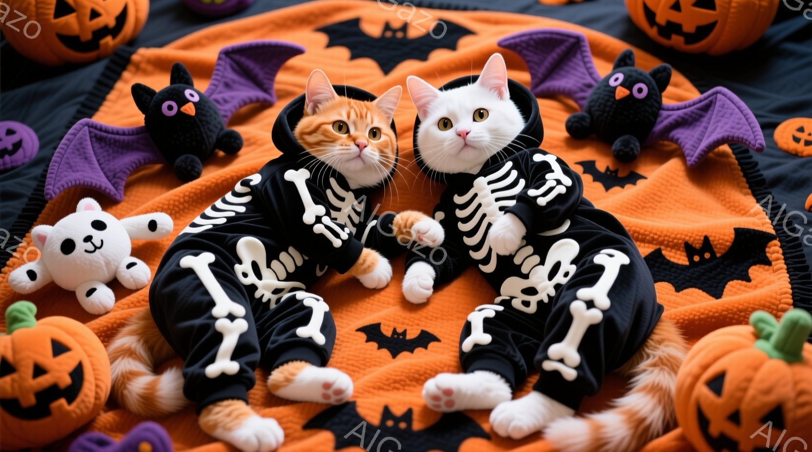 オレンジと白の猫が、ハロウィーンをテーマにした衣装を着て、オレンジ色の毛布の上に座っています。衣装は骸骨模様で、猫たちはリラックスした表情で、おもちゃのコウモリやジャック・オ・ランタンに囲まれています。背景は黒く、全体的にハロウィーンの楽しい雰囲気が漂っています。
