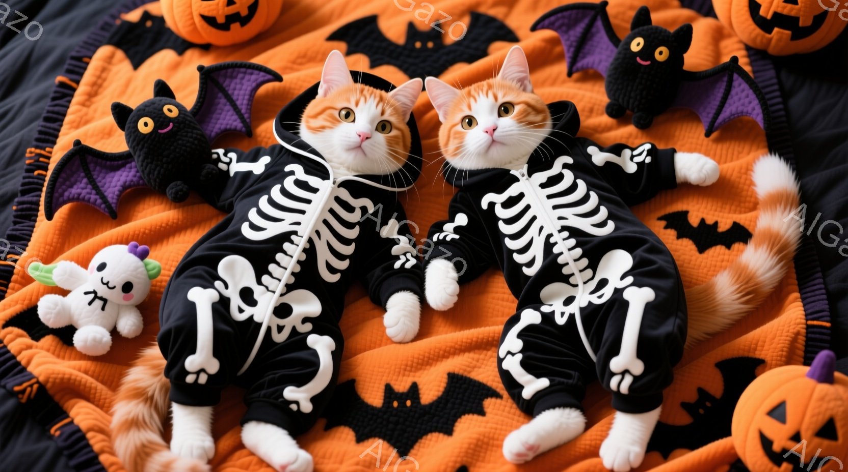 オレンジ色の背景に、ハロウィーンの装飾が散りばめられています。2匹のオレンジ色の猫が、骸骨柄のコスチュームを着て仰向けに寝ており、少し退屈そうな表情をしています。黒いコウモリやカボチャのぬいぐるみが猫 - AI生成フリー素材