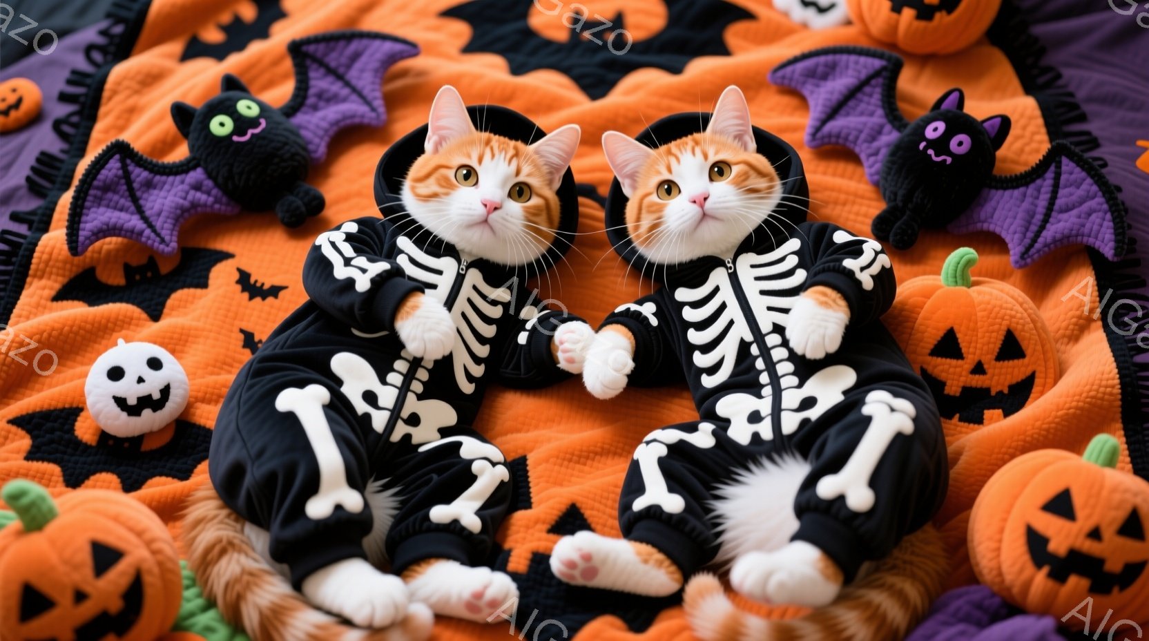 オレンジ色の毛並みを持つ猫が2匹、ハロウィーンをテーマにした黒い骸骨のコスチュームを着ています。猫たちは前足を組み、少し上目遣いでカメラを見ており、可愛らしい表情をしています。背景には、オレンジと紫の - AI生成フリー素材