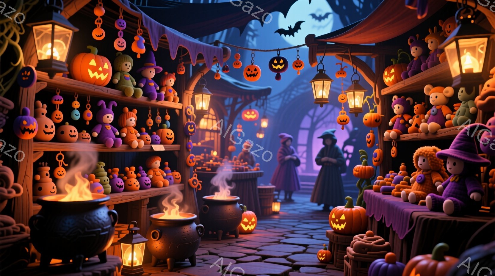 ハロウィーンの夜の賑やかな市場の様子が描かれています。露店にはカボチャのランタンや可愛らしい魔女の人形、その他ハロウィーンを象徴する装飾品が並び、賑わいを見せています。暗い夜空には満月が輝き、市場全体 - AI生成フリー素材