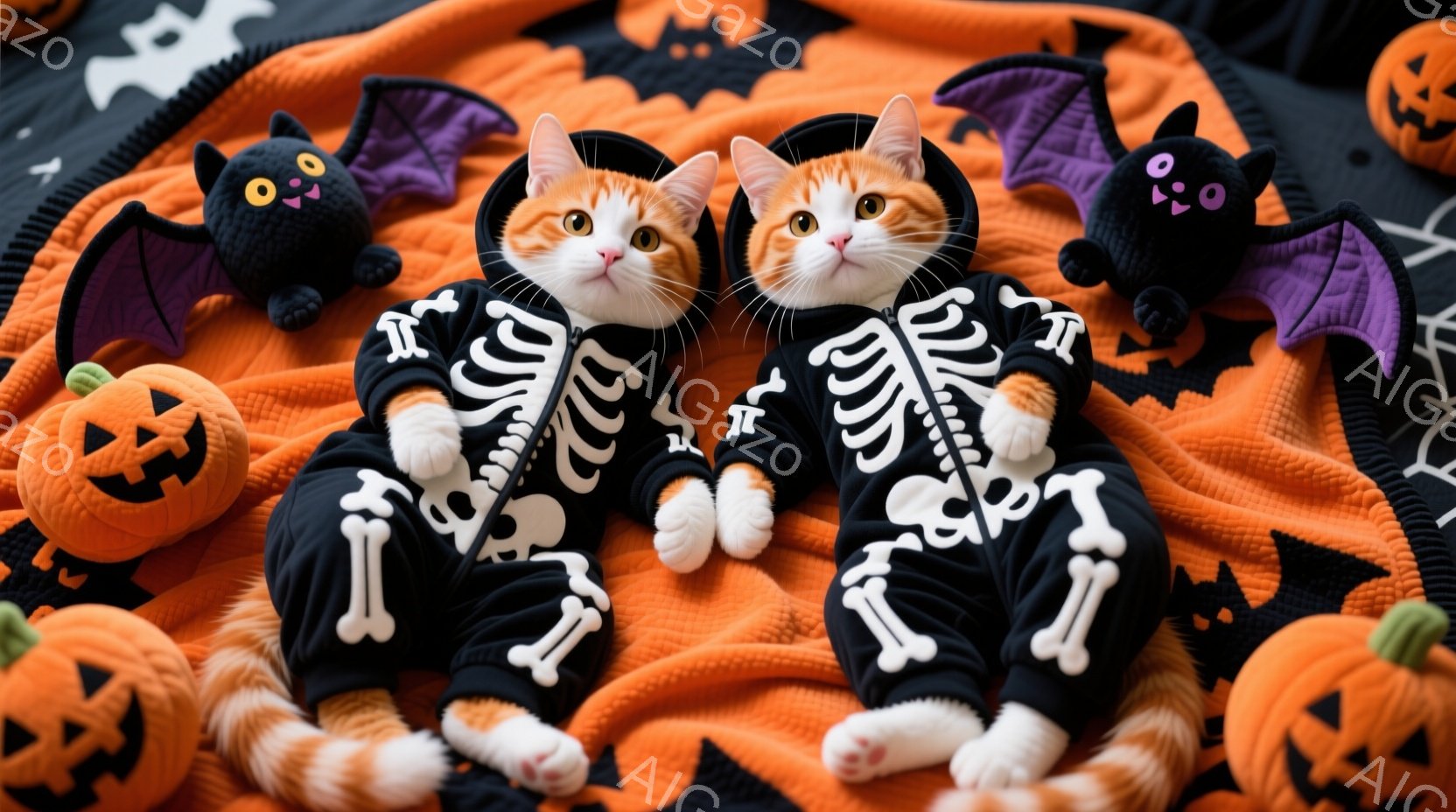 ハロウィンのテーマを持つ写真です。中央には2つのキャットが座っており、それぞれがスケルトンコスチュームを着用しています。彼らは胸骨と大骨を模したデザインで、懐かしい表情をしており、甘く微笑んでいます。 - AI生成フリー素材