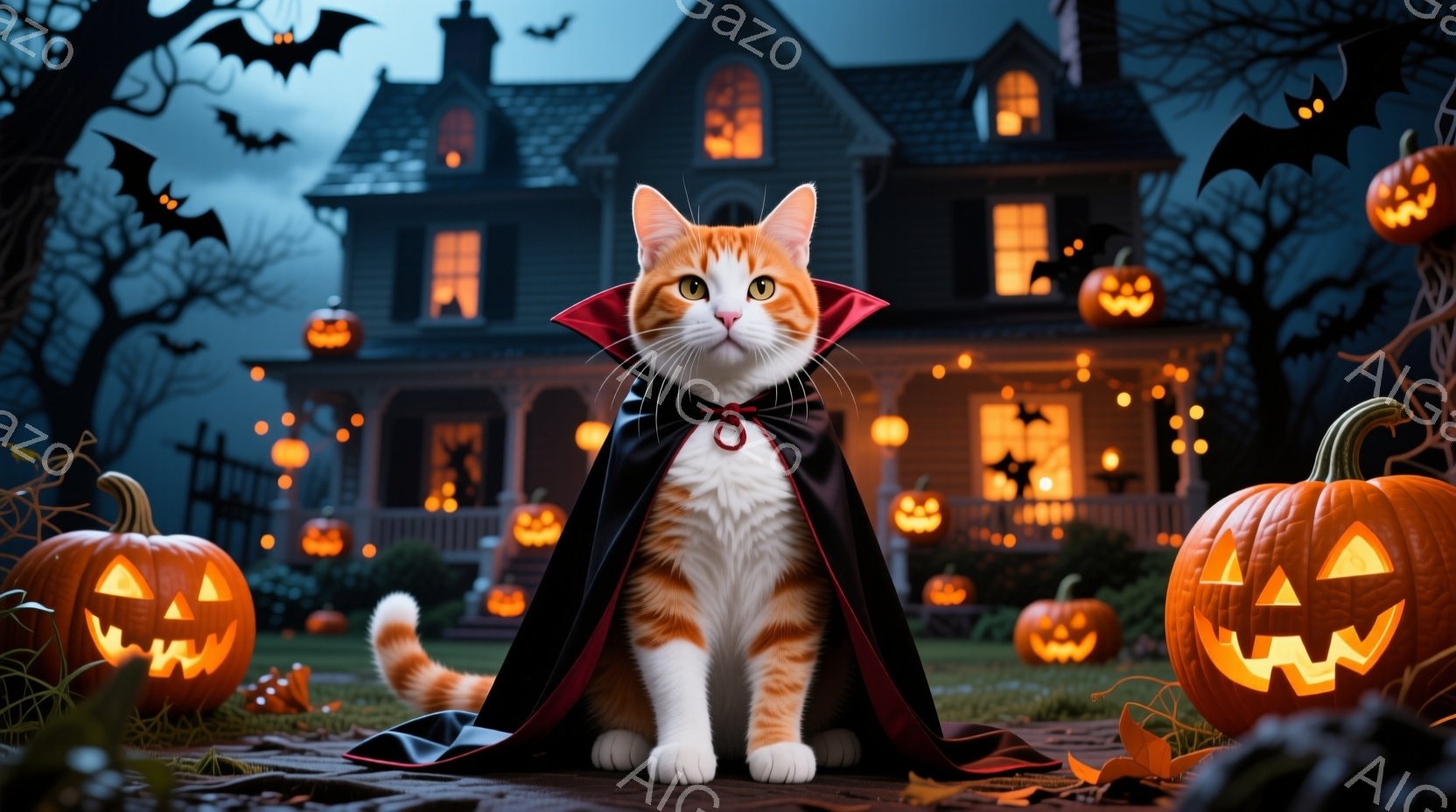 オレンジと白の猫が、黒いマントを身に着けて正面を向いて座っています。背景には、ジャック・オ・ランタンで飾られた、不気味な屋敷と、夜空に舞うコウモリが見えます。ハロウィーンの夜を象徴する、少し不気味で楽 - AI生成フリー素材