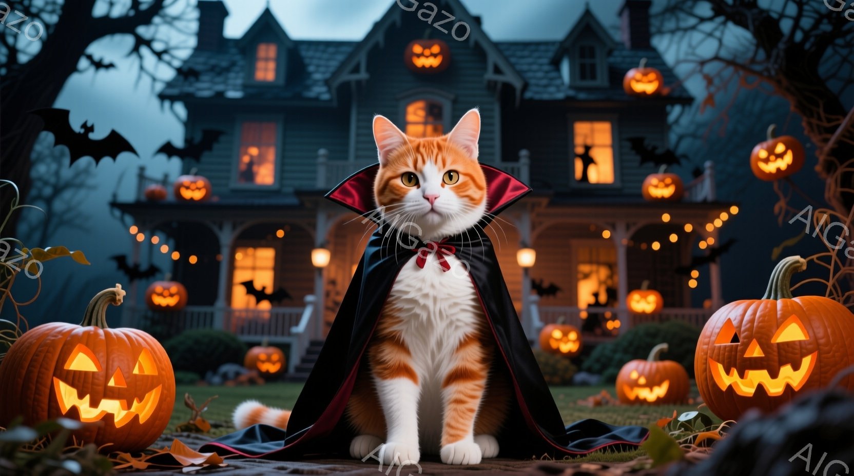 有名なハロウィンスタイルの写真を模倣しています。中心には、猫が描かれており、その猫は「吸血鬼」として表現されています。猫は黒と白で彩られ、赤い瞳を持っています。猫は屋敷に面しており、その前には多数のジャックオランタンが点灯されています。背景は霧の中に見える、家屋の屋根があり、雲や風によって揺れる季節の枝が描かれています。猫は真っ直に立ち上がり、人間のように服を着ており、胸には「吸血鬼」という言葉が書かれています。全体の雰囲気はホラー的で、奇妙なもの溢れる雰囲気を持っています。