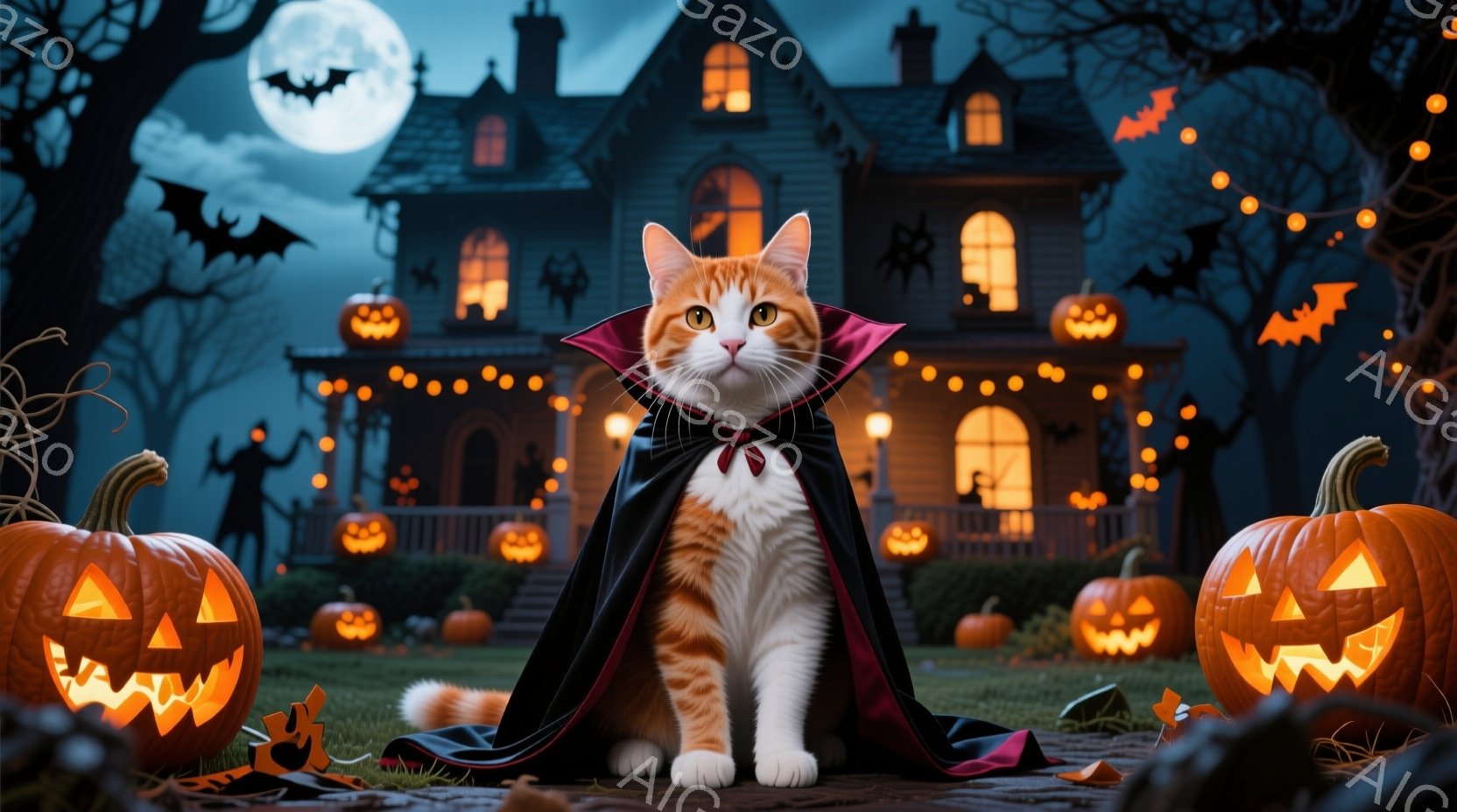 オレンジと白の猫が、ハロウィーンらしい黒いマントを着て、庭で威厳のある姿勢で座っています。背景には、ジャック・オー・ランタンで飾られた不気味な屋敷が広がり、暗い夜空には満月とコウモリが浮かんでいます。 - AI生成フリー素材