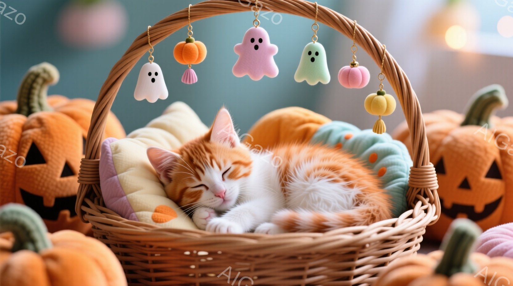 オレンジと白の毛並みを持つ子猫が、籐の籠の中で丸まって眠っています。籠の中には水色のクッションがあり、籠の周りにはハロウィーンの飾りであるカボチャのランタンと幽霊の飾り付けが置かれています。全体的に暖 - AI生成フリー素材