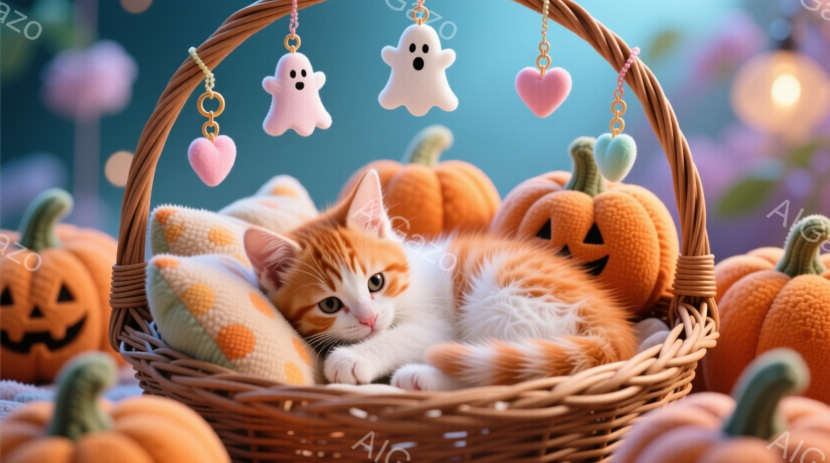 オレンジ色の縞模様の小さな子猫が、ハロウィーンの装飾で満たされたバスケットの中で丸まって休んでいます。子猫はリラックスした表情で、ふわふわの毛並みが特徴的です。背景には、さまざまな形のハロウィーンカボチャや、ゴーストとハートのモチーフが飾られています。
