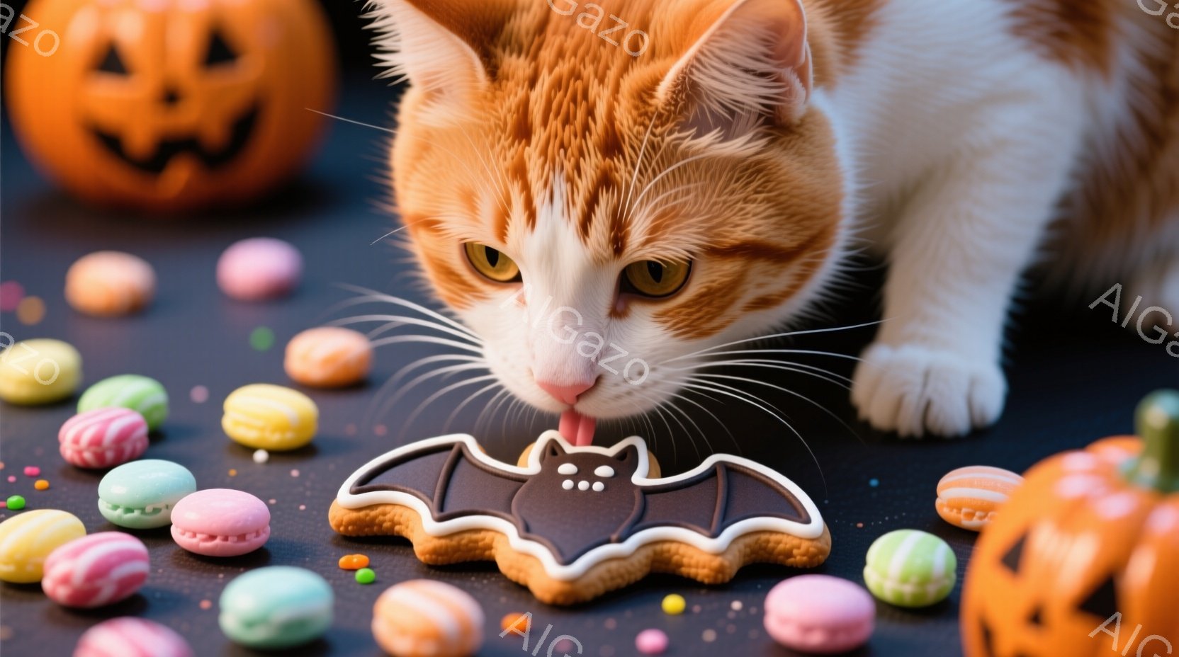 オレンジ色の猫が、コウモリの形をしたクッキーを舌で舐めようとしている姿が写っています。背景には、カラフルなマカロンやハロウィーンの小さなカボチャが散りばめられており、暗い背景がハロウィーンらしい雰囲気を醸し出しています。猫は前足を出してクッキーに近づき、興味津々な表情で、遊び心のあるシーンを表現しています。