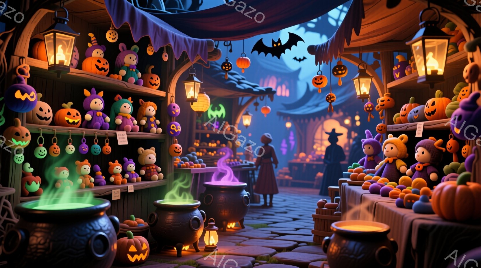 ハロウィンの市場の様子で、カラフルなカボチャのおもちゃや小物が並ぶ賑やかな光景が広がっています。黒いローブをまとった女性が背を向けて立っており、その周囲には大きな鍋や、緑色の煙を上げる魔法の鍋が置かれ - AI生成フリー素材