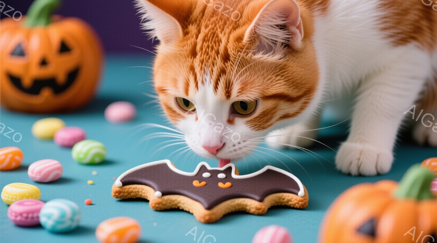 鮮やかなオレンジと白の毛並みの猫が、ハロウィーンをテーマにしたクッキーに顔を近づけています。背景には、カラフルなキャンディーやオレンジ色の小さなカボチャが散りばめられ、青緑色の背景が秋の雰囲気とハロウ - AI生成フリー素材