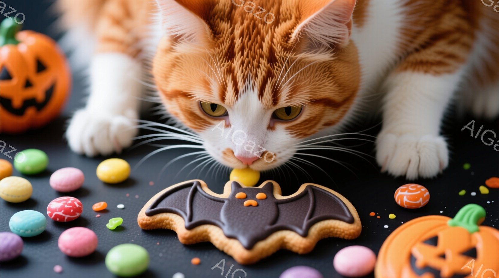 明るいオレンジ色の猫が、ハロウィーンをテーマにしたクッキーにかぶりつこうとしています。クッキーはコウモリの形をしており、背景にはカラフルなキャンディーと小さなハロウィーンの飾りカボチャが散りばめられて - AI生成フリー素材