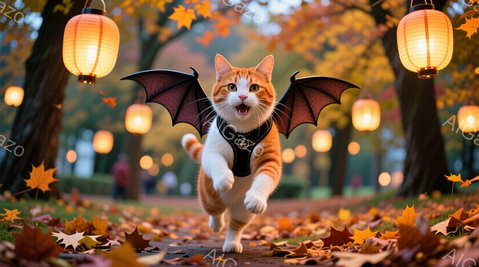 秋の中を駆けるオレンジと白のタイガーキャットを特徴とする、奇妙なシーンを描いています。タイガーキャットは、翼や角が生じたように見える、霧の中を走り、前足を持ち上げて進んでいます。 周囲には、夜空に揺れ動く灯笠が点在しており、その光が樹木や地面の色を変えるようにしています。 このシーンは、独特の幽默性と異様な美感で魅力的です。