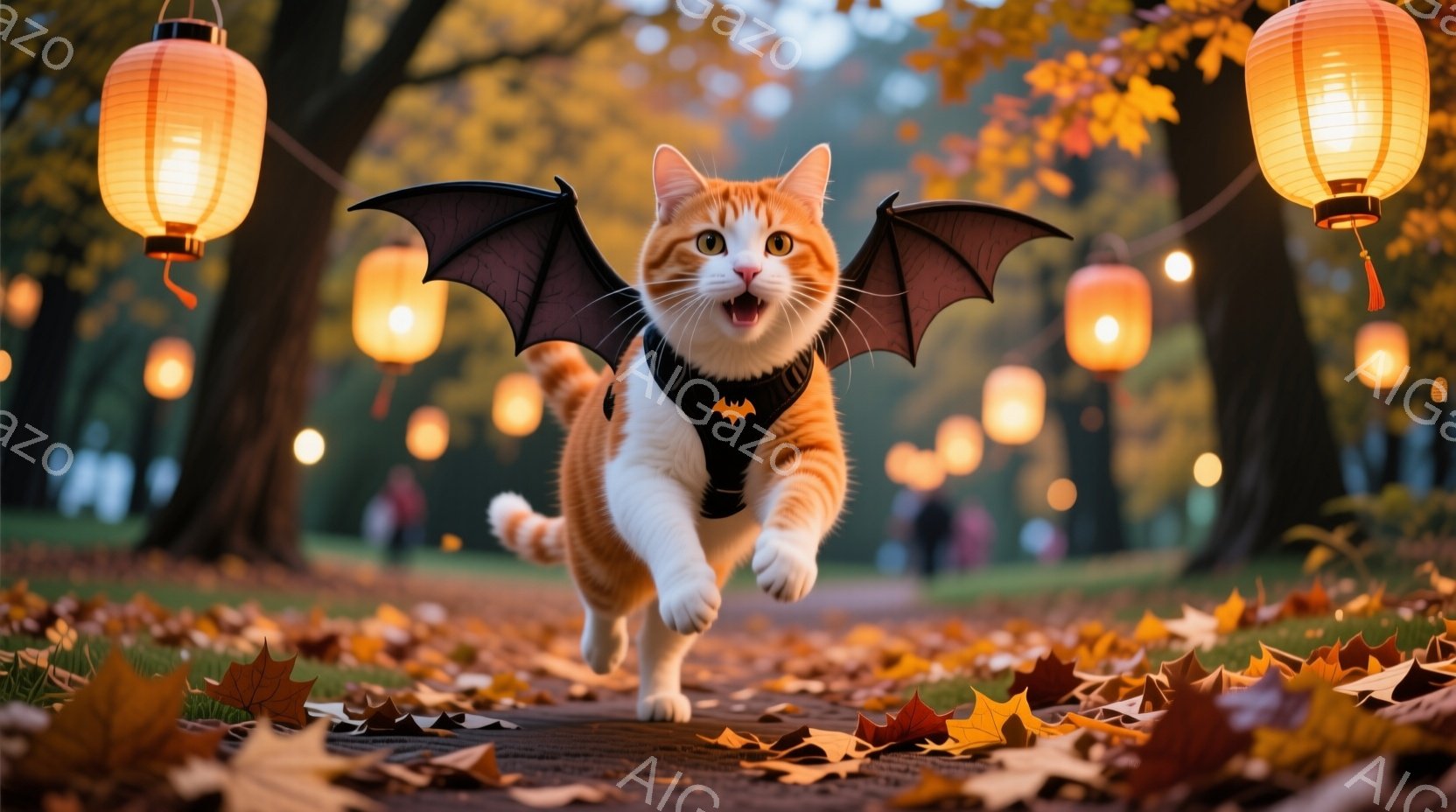 オレンジ色のトラ猫が、黒いコウモリの羽のようなものを身につけ、公園の遊歩道を走っている。背景には、木の幹と落ち葉、そしてオレンジ色の提灯が並び、秋のハロウィーンの雰囲気を醸し出している。猫は口を開けて - AI生成フリー素材