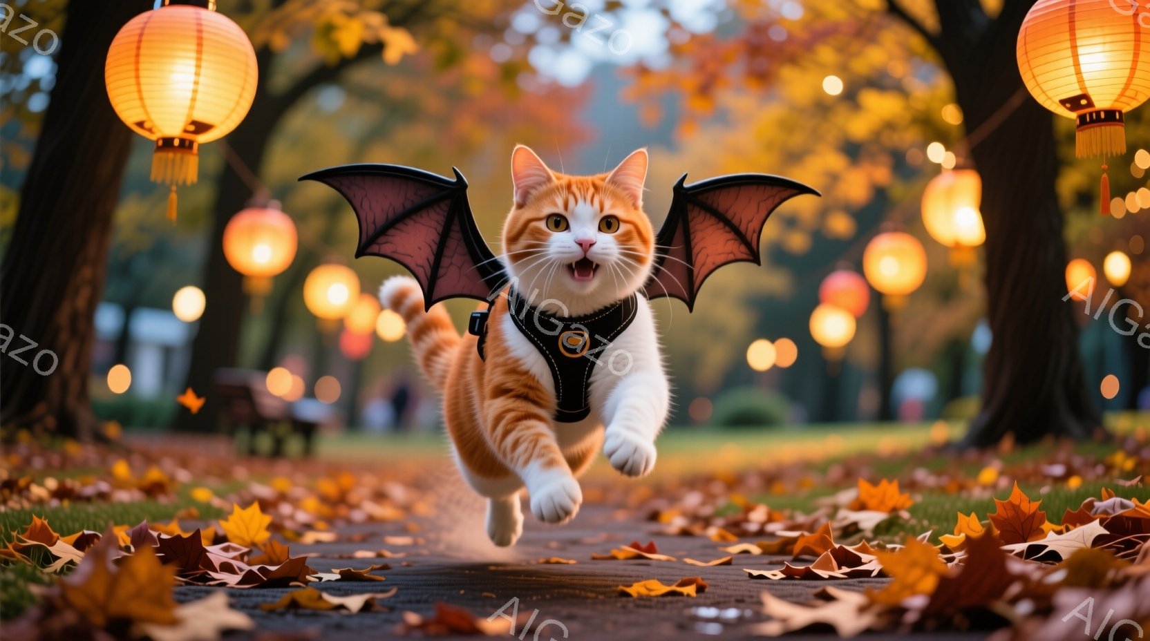 オレンジ色の猫が、黒いコウモリの翼とオレンジ色のハーネスを身に着け、公園の小道の上を飛び跳ねている様子が捉えられています。背景にはぼやけた木々と、暖かい光を放つ提灯が並び、秋の穏やかな雰囲気を醸し出しています。落ち葉が敷き詰められた道と、猫の活発な動きが、楽しい情景を作り出しています。