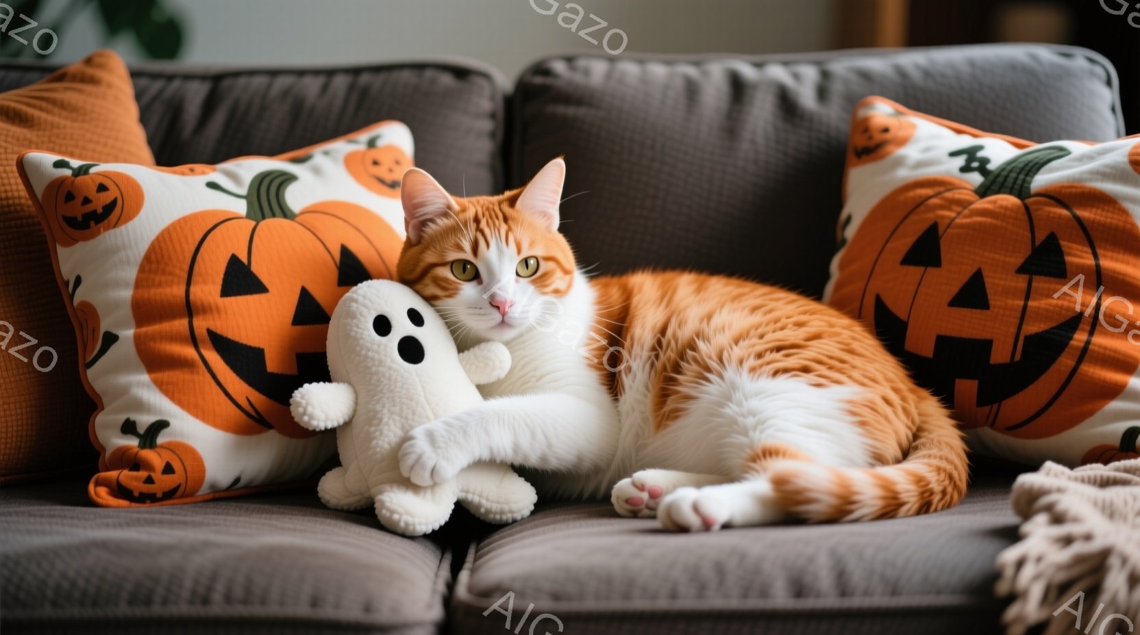 オレンジと白の縞模様の猫が、ハロウィーンをテーマにしたカボチャ柄のクッションに囲まれたグレーのソファでくつろいでいます。猫はリラックスした表情で、白いお化けのぬいぐるみに寄り添っています。背景はぼやけ - AI生成フリー素材