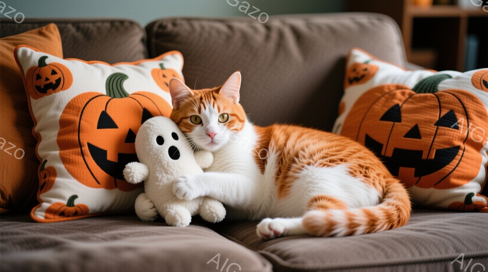 白とオレンジの斑点模様の猫が、ハロウィーンをテーマにしたカボチャ柄のクッションに囲まれた茶色のソファに横たわっています。猫は白いゴーストの人形を抱え、リラックスした表情でカメラを見つめています。背景はぼやけていますが、居心地の良いリビングルームの一角であることがわかります。