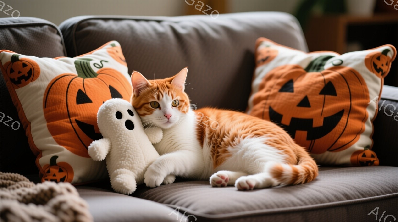 オレンジ色のトラ猫が、ハロウィーンをテーマにしたクッションに囲まれた灰色のソファーで横たわっています。猫はリラックスした様子で、白いゴーストの人形を抱きしめており、穏やかな表情をしています。背景は暖かく、ハロウィーンの装飾が施された家庭的な雰囲気です。