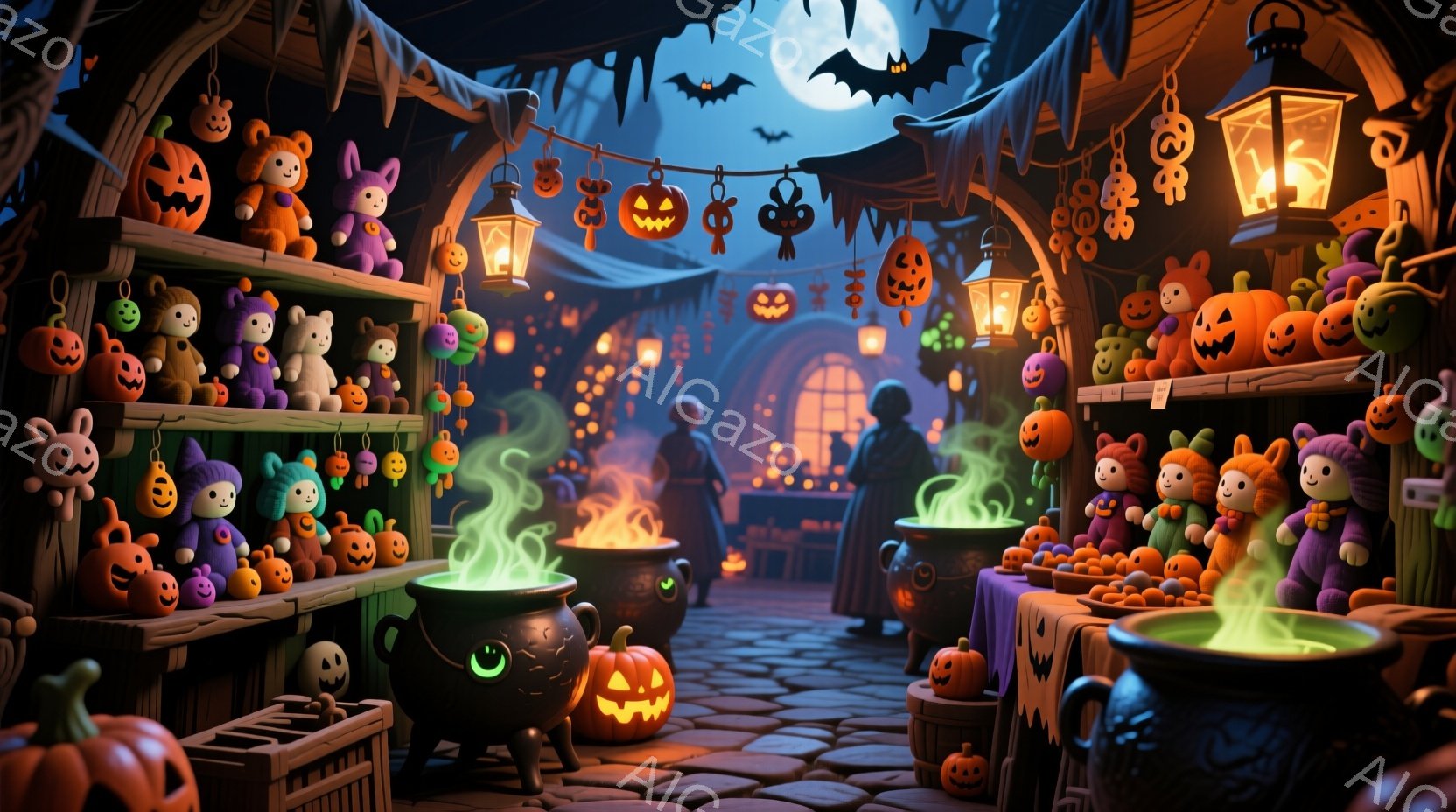 ハロウィーンの市場の様子で、オレンジ、紫、緑色のカボチャのぬいぐるみや魔女の帽子、魔法の薬が入った大釜が並べられています。遠くにはローブを着た人物が立っており、石畳の道と古い建物が背景に見えます。全体的に幻想的で楽しい雰囲気で、満月の夜空とコウモリがハロウィーンらしさを強調しています。