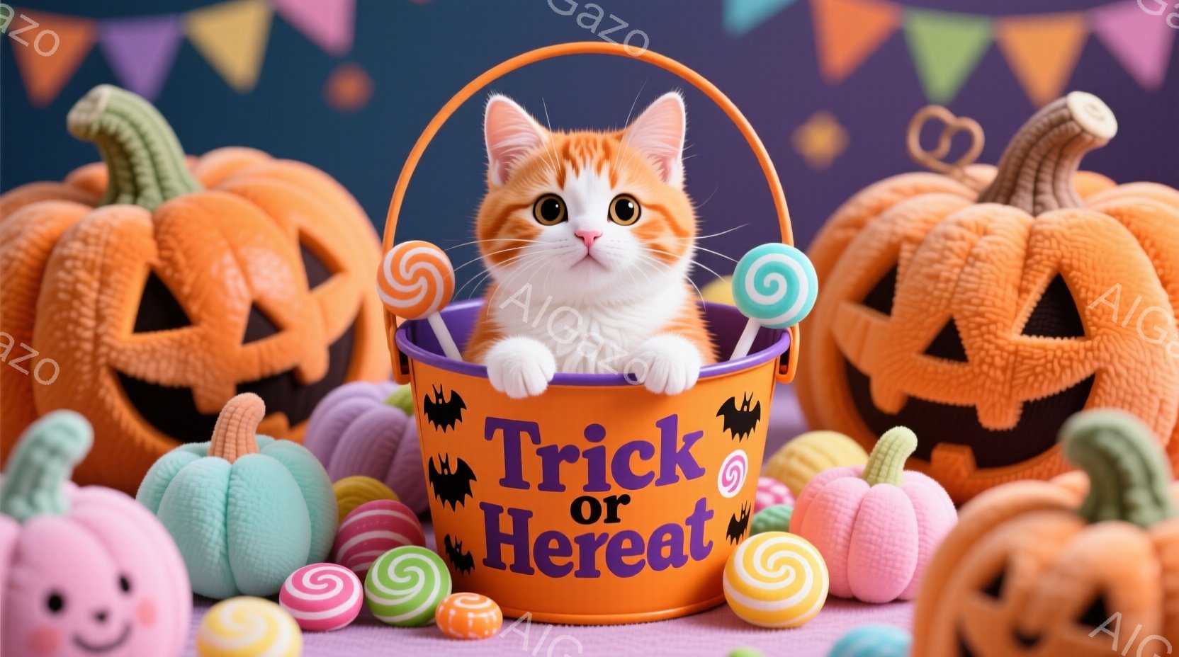 オレンジ色のキティが「トリック・オア・トリート」と書かれたバケツの中に座っており、お菓子に囲まれています。背景には、様々な色のハロウィーンのパンプキンが配置され、お祭り気分を盛り上げています。全体的に - AI生成フリー素材