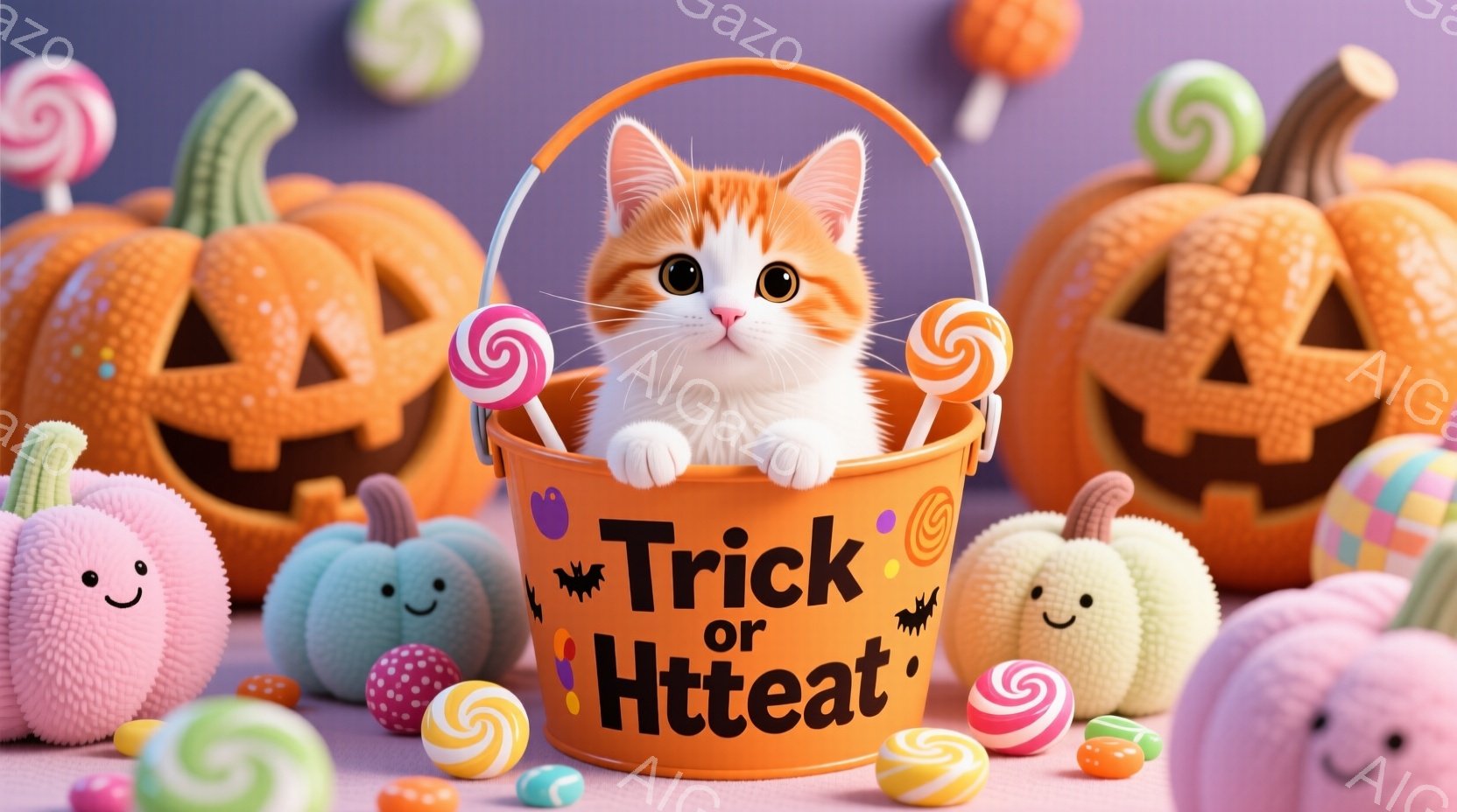 オレンジ色の背景に、かわいらしい猫が「Trick or Htteat」と書かれたバケツから顔を出しています。猫はオレンジと白の毛並みで、大きな瞳でこちらを見つめており、バケツの周りにはキャンディやハロウィーンの飾り付けの小さなカボチャが散りばめられています。全体的に明るく、遊び心のあるハロウィーンの雰囲気です。