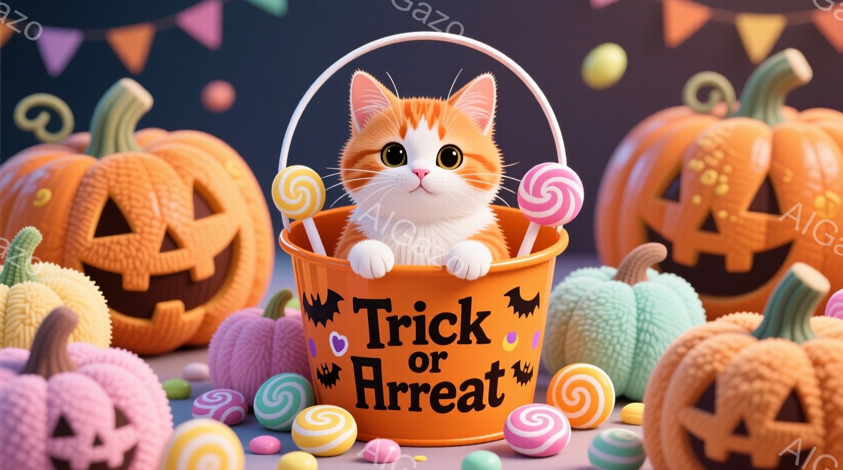 オレンジ色のハロウィーンのバケツの中に、愛らしいオレンジ色のキティが座っています。キティは大きな目をしてカメラを見つめ、甘いキャンディーでいっぱいのバケツから少し顔を出しています。背景には、さまざまな色のハロウィーンのジャック・オ・ランタンとキャンディーがあり、全体的に明るくお祝いの雰囲気です。