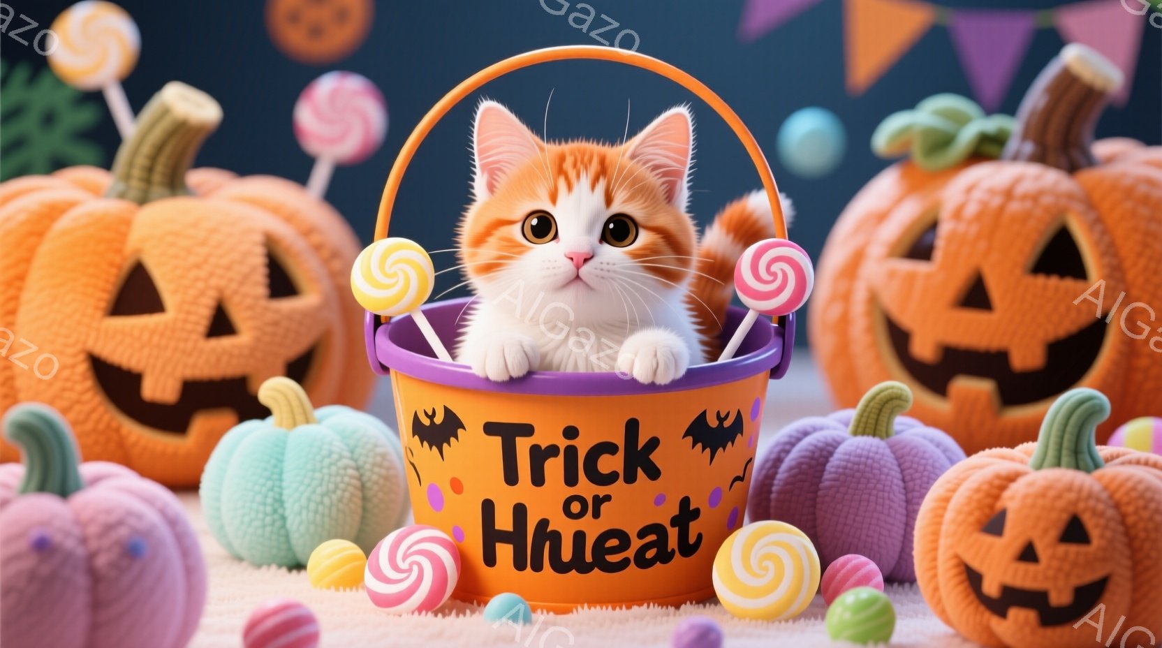 オレンジ色の小さな子猫が、ハロウィーンをテーマにした紫色のバケツの中に座っています。バケツの周りには、様々な色のキャンディや、ジャック・オー・ランタンの形をしたカボチャが散らばっており、お祭りの雰囲気を醸し出しています。背景は暗い青色で、カラフルなカボチャが点在し、明るく楽しいハロウィーンの雰囲気を強調しています。
