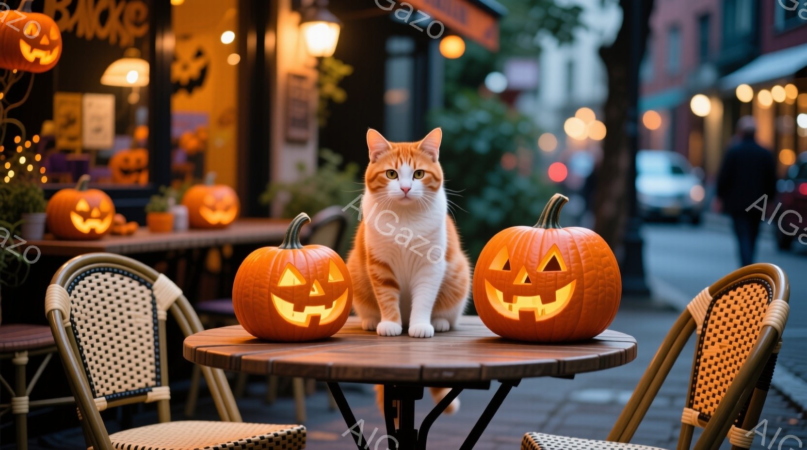 オレンジ色のテーブルの上に、彫刻が施された2つのジャック・オ・ランタンの間に、クリーム色のタビー猫が座っています。猫は正面を見て、穏やかな表情をしています。背景には、ハロウィーンの装飾が施されたカフェの通りが広がり、暖色系の照明が温かく照らし出しています。