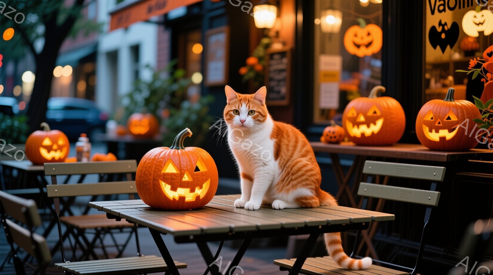オレンジと白の毛並みの猫が、ハロウィーンの装飾が施された屋外カフェのテーブルに座っている。周囲には、点灯したジャック・オ・ランタンが並び、背景にはぼやけた街並みとお店が見える。全体的に、ハロウィーンの - AI生成フリー素材