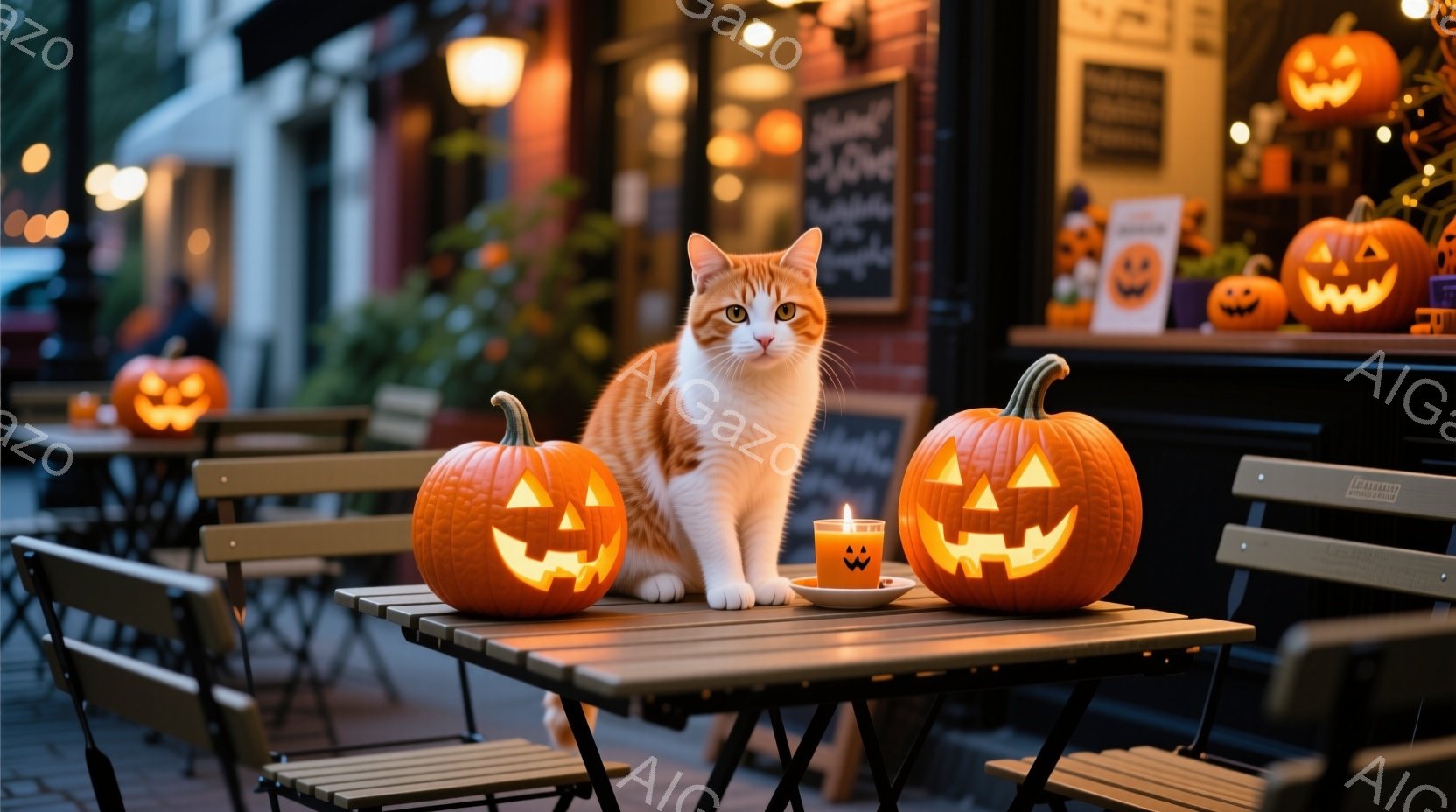 オレンジ色のテーブルの上に、ジャック・オ・ランタンに囲まれた白とオレンジの毛並みの猫が座っています。背景には、ハロウィーンの装飾がされたカフェの窓がぼやけて見え、外は夜で、ハロウィーンらしい温かく幻想的な雰囲気が漂っています。猫はリラックスした様子で、周囲のハロウィーンの雰囲気に溶け込んでいます。