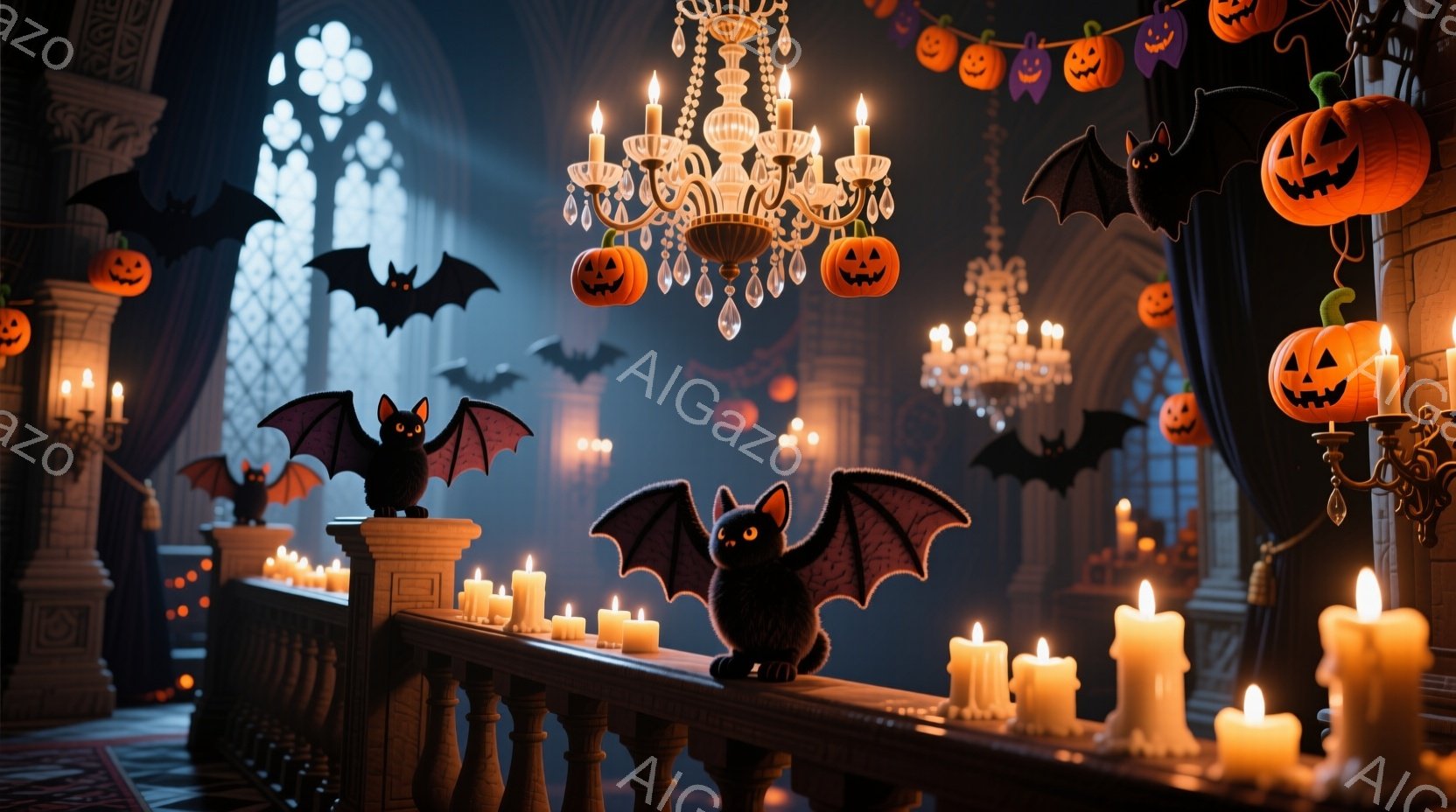 古城のような空間に、たくさんのカボチャやお化けの飾り付けが施されており、ハロウィンの雰囲気が漂っています。黒いコウモリたちが、バルコニーの手すりやシャンデリアの周りを飛び交い、たくさんのキャンドルが暖かく灯されています。全体的に、少し不気味ながらも温かいハロウィンの夜の雰囲気が表現されています。