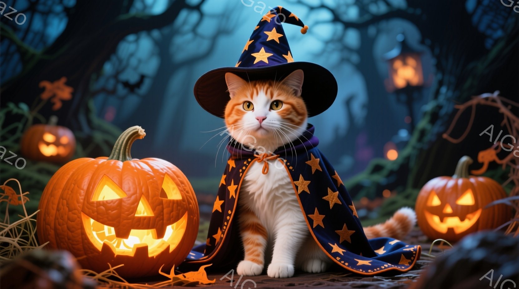 白とオレンジ色の毛並みの猫が、星が散りばめられた黒いマントと先のとがった帽子を身に着けて座っています。猫は前足を揃え、少し微笑んでいるような表情で、ハロウィーンの雰囲気を醸し出しています。背景には、彫 - AI生成フリー素材