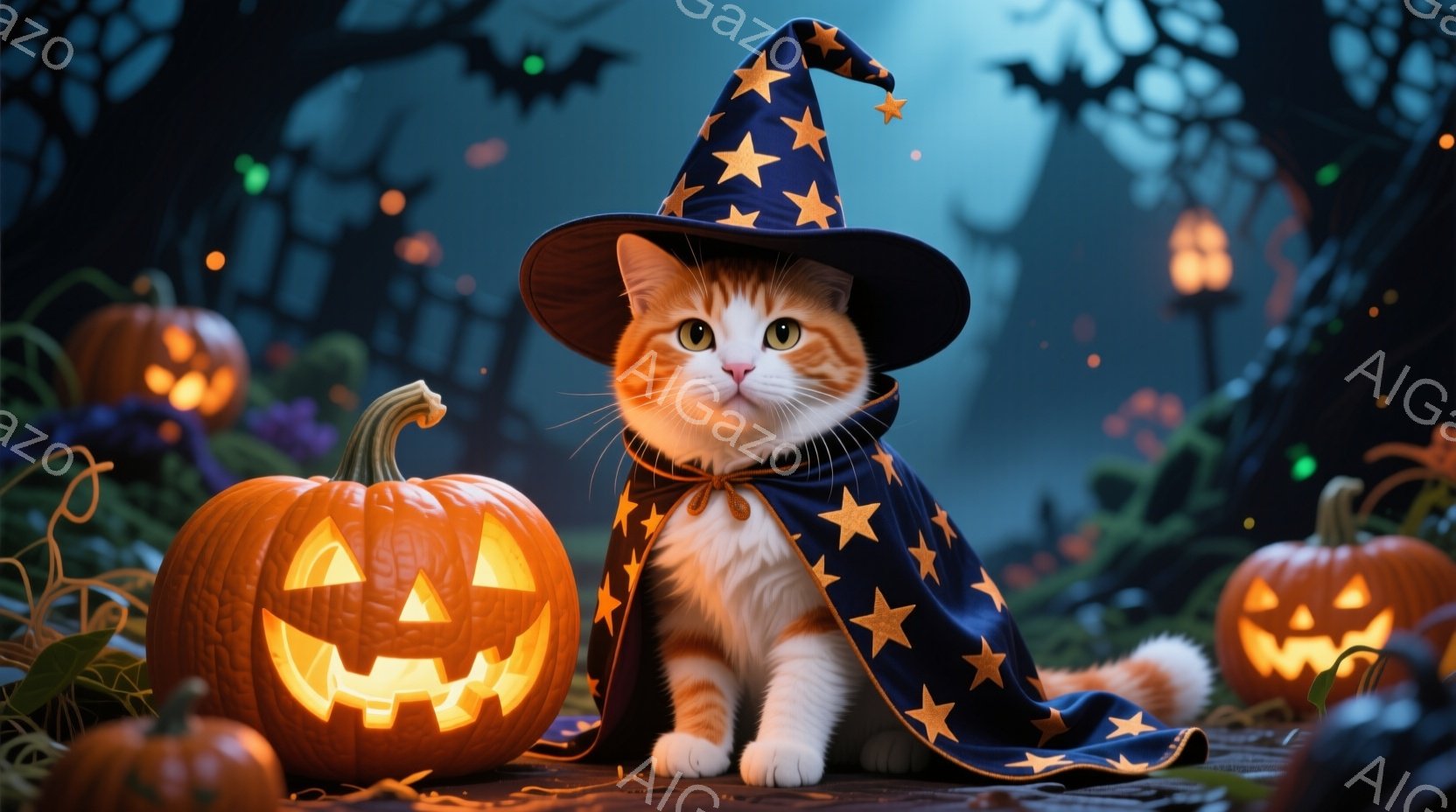 明るいオレンジ色の毛並みをした猫が、星が散りばめられた青い魔法使いの帽子とマントを身に着けて座っています。表情は穏やかで、少し好奇心旺盛そうに見え、周りにはジャック・オ・ランタンが置かれています。背景は暗い森で、ぼんやりと光るハロウィーンの装飾が散りばめられ、不気味でありながらも温かみのある雰囲気を醸し出しています。