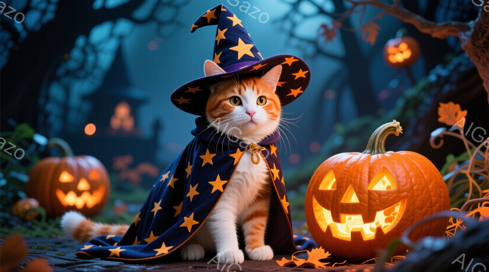 白とオレンジ色の毛並みを持つ子猫が、星柄の青い魔法使いのケープと帽子を身に着けて座っています。背景にはジャック・オー・ランタンが灯り、周囲には落ち葉が散らばり、薄暗い森の中にいるような幻想的な雰囲気です。暖色系の光が子猫とカボチャを照らし、ハロウィンの夜の温かさと可愛らしさを表現しています。