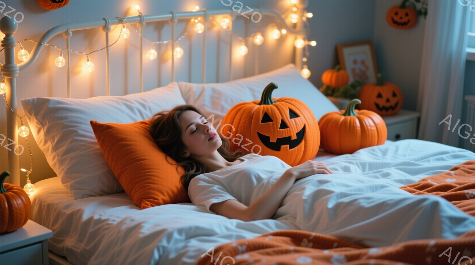 明るいオレンジ色のハロウィーンの装飾に囲まれたベッドで、若い女性が眠っています。彼女は白いTシャツを着て、髪はゆるく後ろに垂れ、目は閉じられています。ベッドの上には、さまざまな大きさのハロウィーンカボチャが置かれ、ベッドサイドテーブルの上にもカボチャが飾られ、温かく幻想的な雰囲気を醸し出しています。