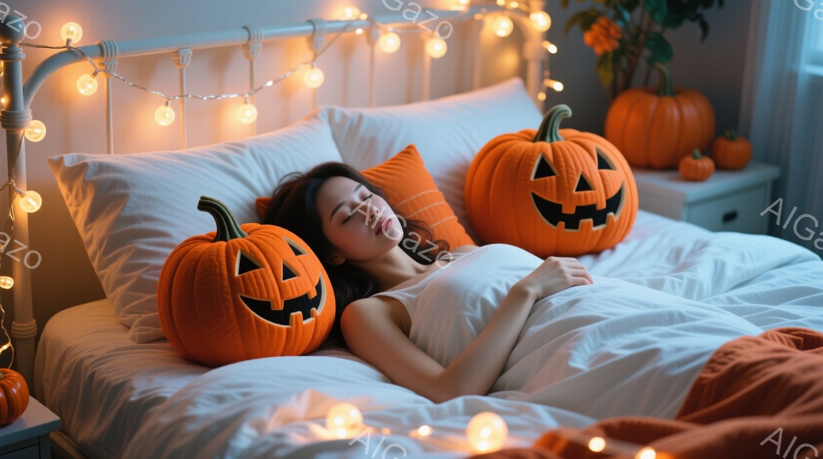 長い黒髪の女性がベッドの上で眠っており、顔にはハロウィーンの飾りであるジャック・オー・ランタンが置かれています。彼女は白いキャミソールを着ており、ベッドにはさらにいくつかのカボチャが置かれ、背景には温かい光のイルミネーションが輝いています。全体的に、居心地の良いハロウィーンの雰囲気が漂っています。