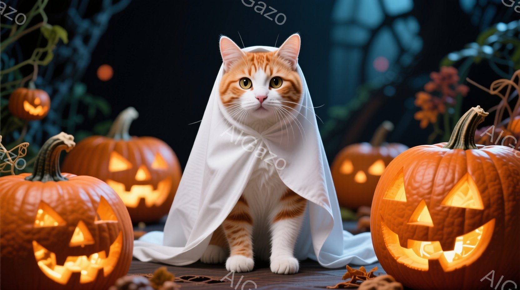 オレンジ色の毛並みの猫が、白い布を肩に羽織って座っています。猫は正面を見ており、少し驚いたような表情をしています。背景には、ジャック・オ・ランタンがいくつか置かれ、秋らしい枯葉が散らばっています。 - AI生成フリー素材