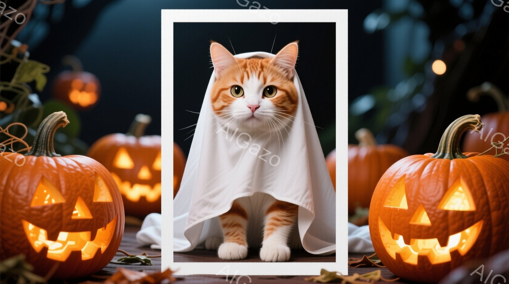 オレンジ色の猫が白い布をまとい、ハロウィーンの装いをしている。猫は正面を見つめ、少し好奇心と控えめな表情を浮かべている。背景には、ジャック・オー・ランタンが配置され、暗い背景と合わせてお祝いの雰囲気を醸し出している。