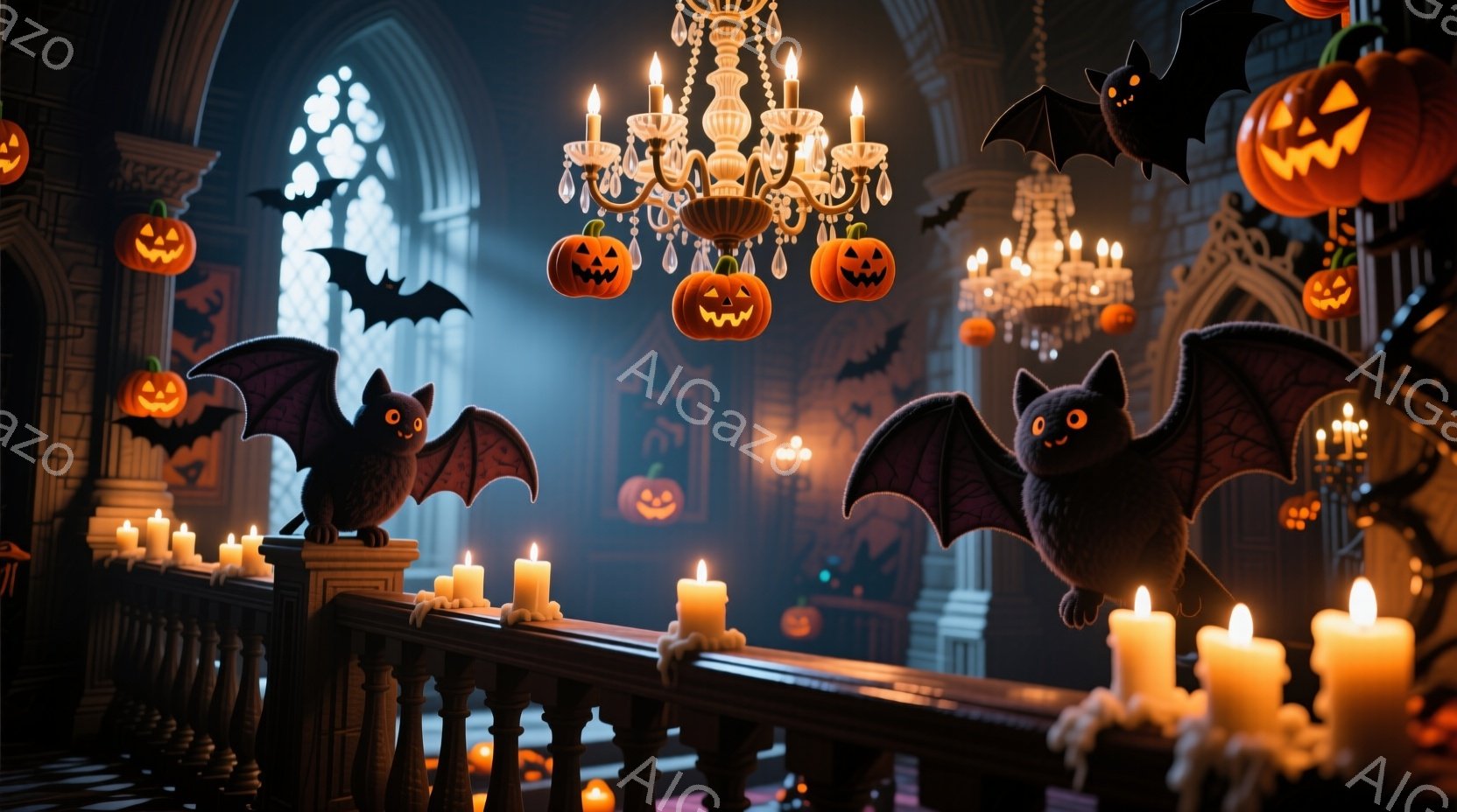 暗いホールの階段手すりには、可愛らしい黒いコウモリが止まっており、ハロウィーンの装飾であるカボチャのランタンが天井から吊り下げられています。キャンドルが手すりに並び、薄暗い光を放ち、暗い背景にはゴシック様式の窓やシャンデリアが見えます。 全体として、ハロウィーンの夜の少し不気味で幻想的な雰囲気です。