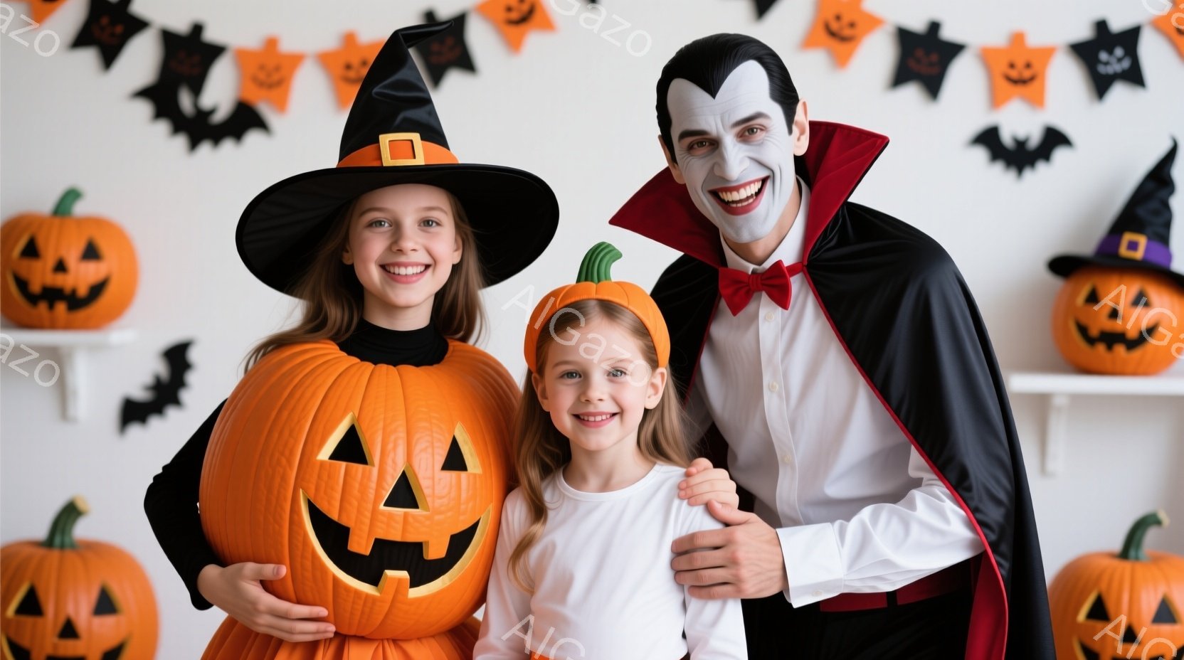 ハロウィーンの衣装を着た二人の女の子と一人の男性が写っています。一人は魔女の帽子とオレンジ色のカボチャのコスチュームを着ており、もう一人は白い服を着ています。男性は吸血鬼の衣装を着ており、背景にはカボ - AI生成フリー素材