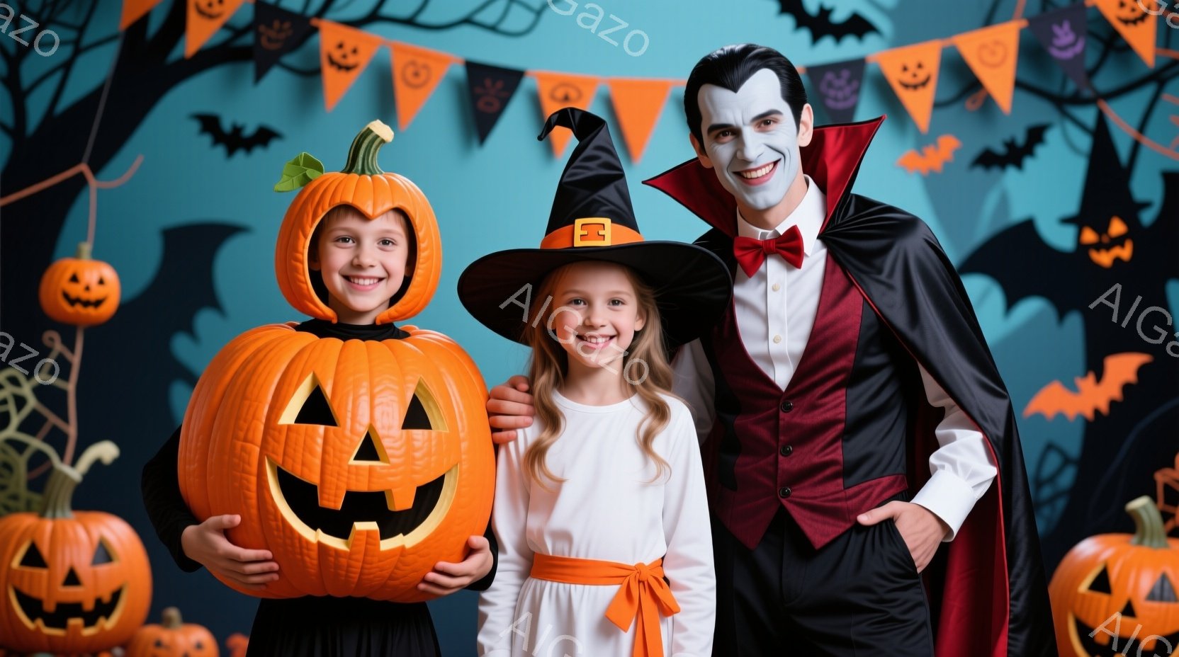 ハロウィーンの背景で、カボチャのコスチュームを着た少女と魔女の帽子を被った少女、そしてドラキュラのコスチュームを着た男性が写っています。３人とも笑顔で、カボチャの小道具を持ってポーズを取っています。背景にはオレンジと黒のハロウィーンの装飾やカボチャのランタンが散りばめられ、お祝いムードが漂っています。