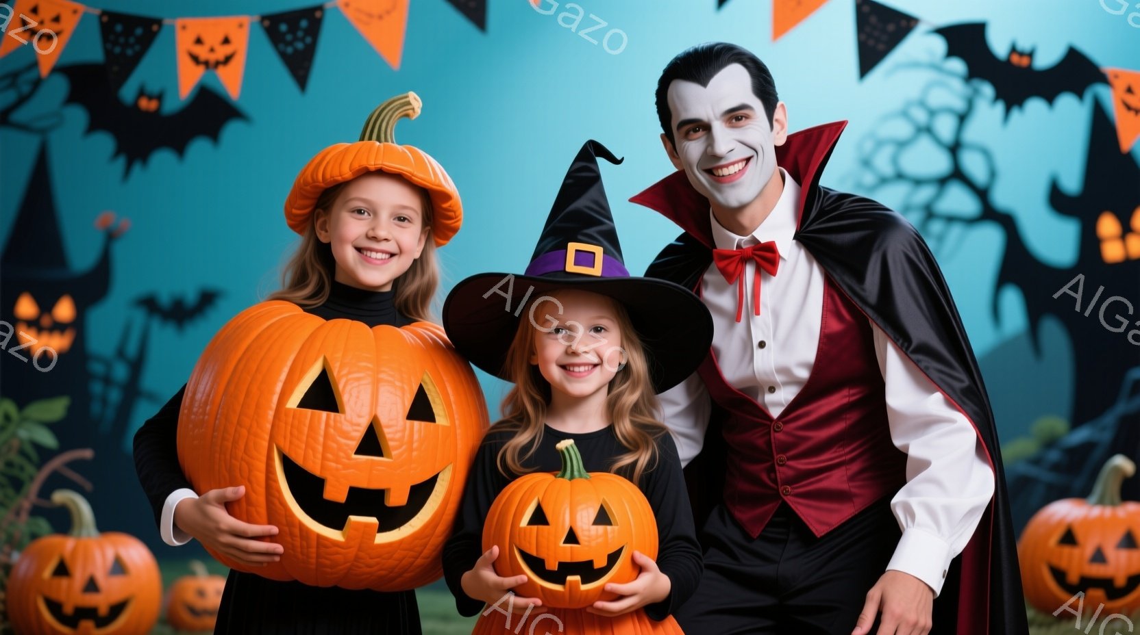 ハロウィーンの衣装を着た少女二人と男性が、それぞれ大きなジャック・オー・ランタンを抱えています。少女たちは魔女の帽子をかぶり、笑顔でカメラを見ており、男性はドラキュラの衣装で、少し微笑んでいます。背景 - AI生成フリー素材