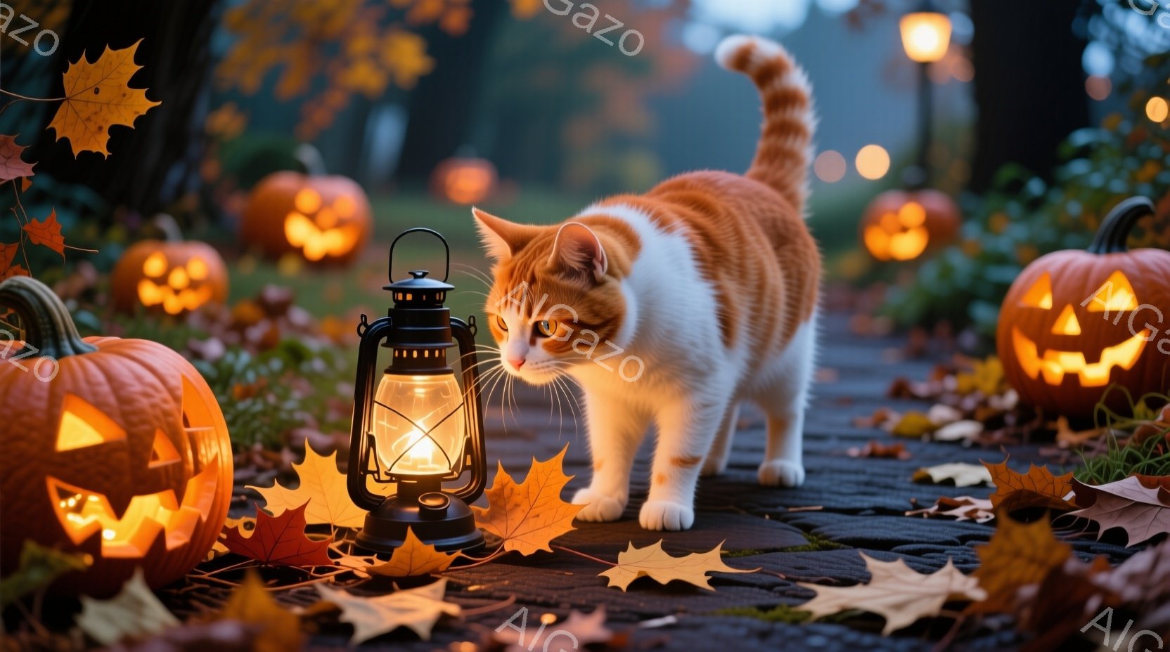 オレンジと白のまだら模様の猫が、ハロウィーンの装飾されたカボチャとランタンが並ぶ石畳の道を進んでいます。猫は前方を注意深く見つめ、尾は高く上げられています。背景にはぼやけたオレンジ色の光が灯るカボチャ - AI生成フリー素材