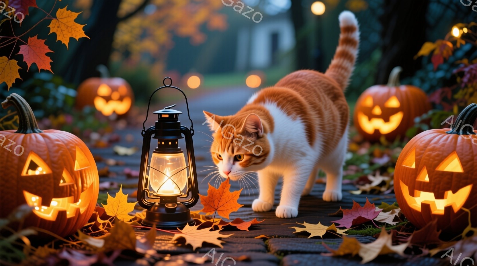 オレンジ色の縞模様の猫が、ハロウィーンの飾り付けであるジャック・オ・ランタンと落ち葉が散らばる小道の中央を歩いています。猫は集中した表情で前を見つめ、尾はまっすぐに伸びています。背景にはぼんやりとした建物が見え、暖かく幻想的な雰囲気を作り出しています。