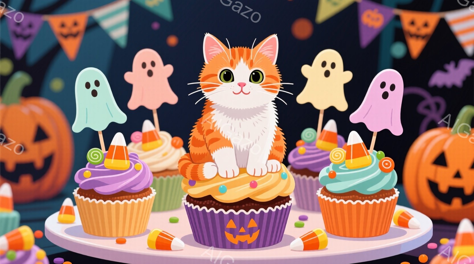 オレンジ色の縞模様の猫が、ハロウィーンをテーマにしたカップケーキの山の上に座っています。背景には、かぼちゃのランタンと幽霊の飾り、そしてカラフルなハロウィーンキャンディーが散りばめられており、お祝いの - AI生成フリー素材