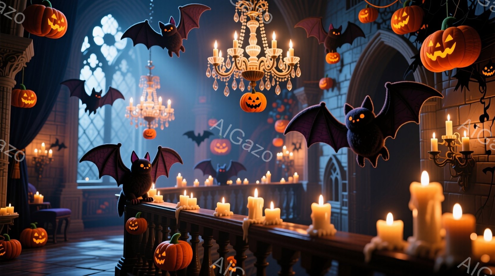 古い城のような建物内部で、ハロウィーンの装飾が施された様子が描かれています。オレンジ色のカボチャのランタンや黒いコウモリが空間を飾り、たくさんのロウソクが暖かく灯っています。ゴシック調の窓から差し込む - AI生成フリー素材