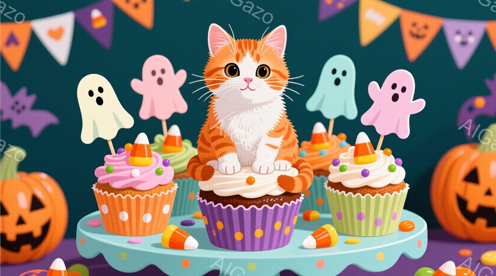 オレンジ色の縞模様の猫が、ハロウィーンをテーマにしたカップケーキの上に座っています。カップケーキは紫色の包装紙で飾られ、キャンディコーンや白いお化けの飾り付けがされています。背景には、ハロウィーンのランタンと旗が描かれ、お祭り気分を盛り上げています。
