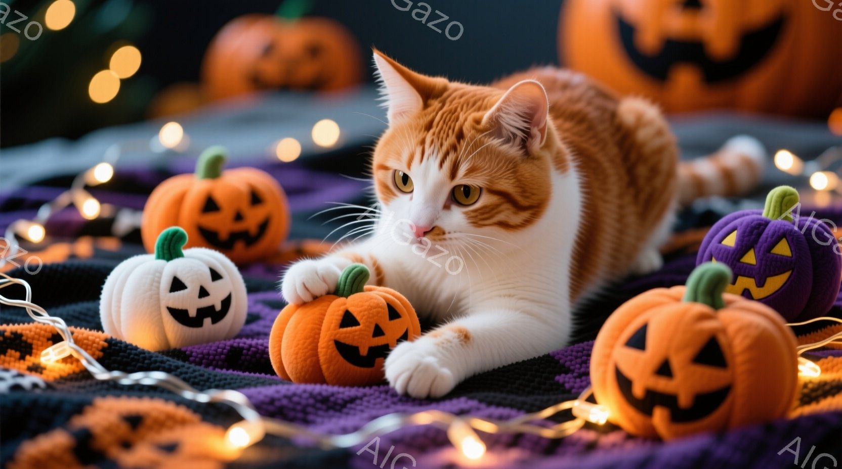 白とオレンジの毛並みを持つ猫が、ハロウィーンの飾りである小さなカボチャのぬいぐるみと紫色の背景に囲まれて横たわっています。猫は前足を伸ばし、カボチャのぬいぐるみに興味津々な表情をしています。背景には、 - AI生成フリー素材