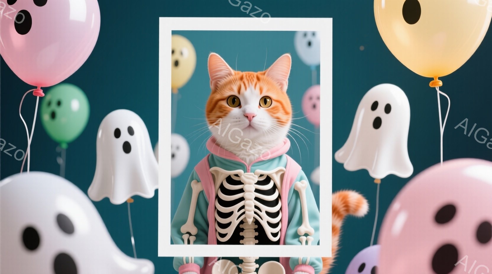 オレンジ色の猫が、骸骨模様の緑色のパーカーを着て、まるでハロウィーンのコスチュームを着ているかのように見えます。猫は正面を見据え、少し微笑んでいるような表情を浮かべており、その毛並みは鮮やかで美しいです。背景には、パステルカラーの風船と白いお化けが浮かび、お祝いの雰囲気を作り出しています。