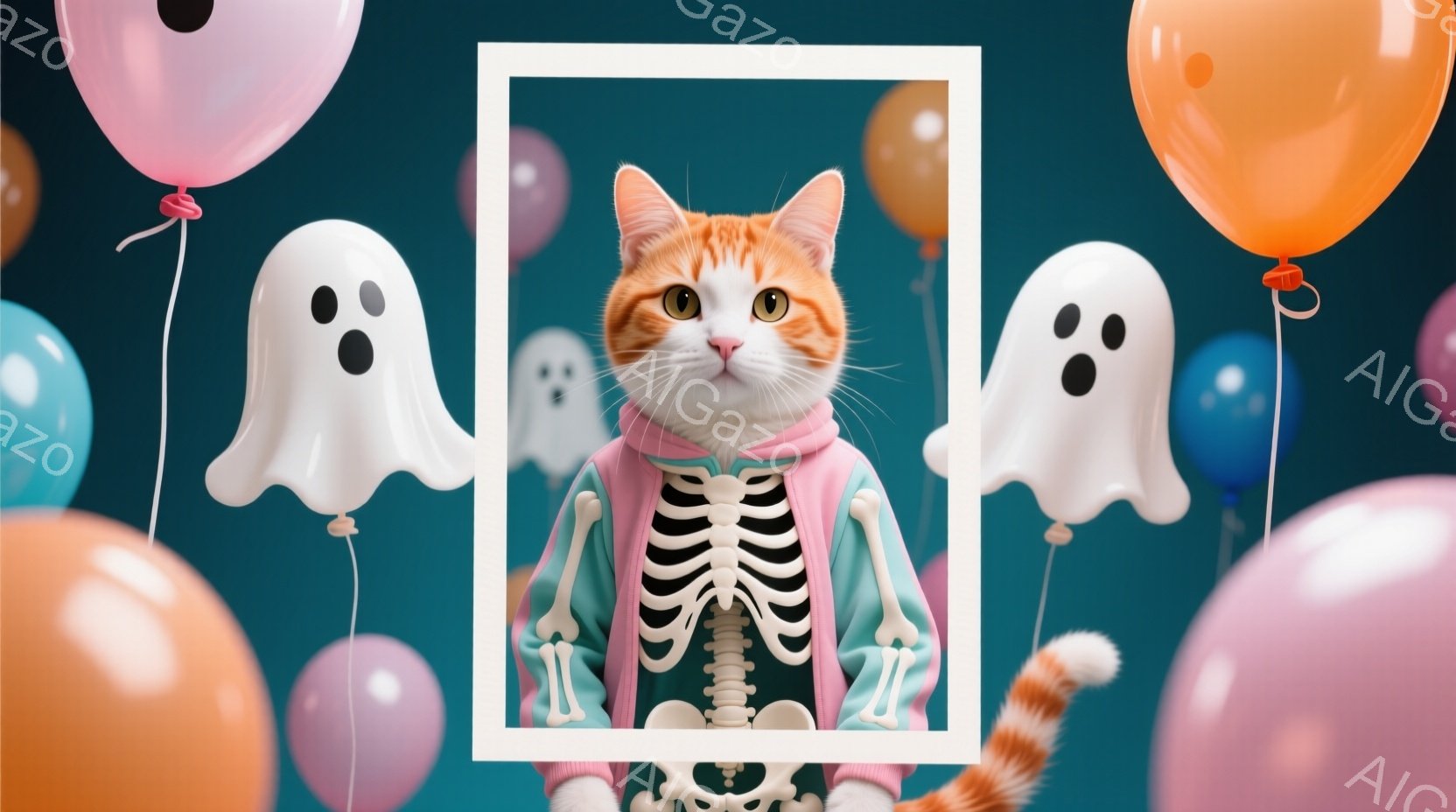 オレンジ色の猫が白い四角いフレーム内に立っており、ハロウィーンをテーマにした骨格模様のピンク色のパーカーを着ています。背景には、様々な色の風船と可愛らしい幽霊が浮かんでおり、全体的に明るく楽しい雰囲気を醸し出しています。猫は正面をまっすぐ見つめ、少しいたずらっぽい表情を浮かべています。