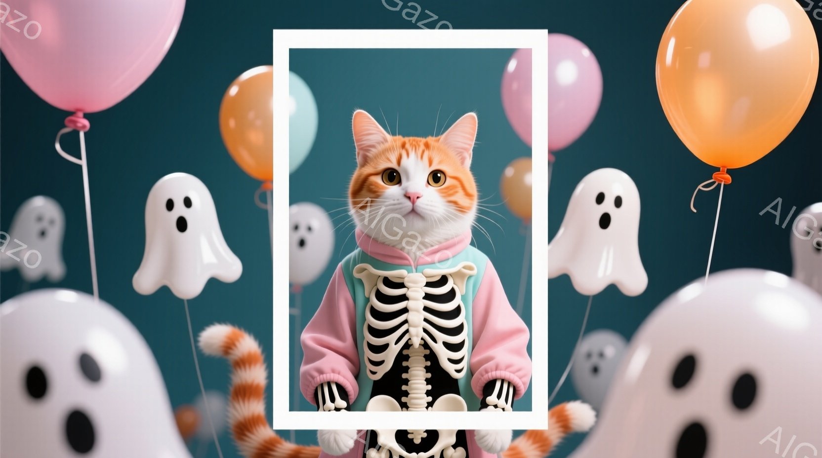オレンジ色のトラ猫が、ピンク色のジャケットと骸骨がプリントされたTシャツを着ています。猫は正面を向き、少し驚いたような表情で、ふわふわの尻尾を立てています。背景には、水色の風船や白いお化けが浮遊しており、ハロウィーンの楽しい雰囲気を演出しています。